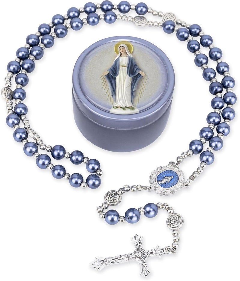 SUTANALE 8mm Glass Pearl Rosary Necklace for Women - Catholic Prayer Beads with Gift Box, Handmade Religious Jewelry for Baptism, First Communion - Image 1